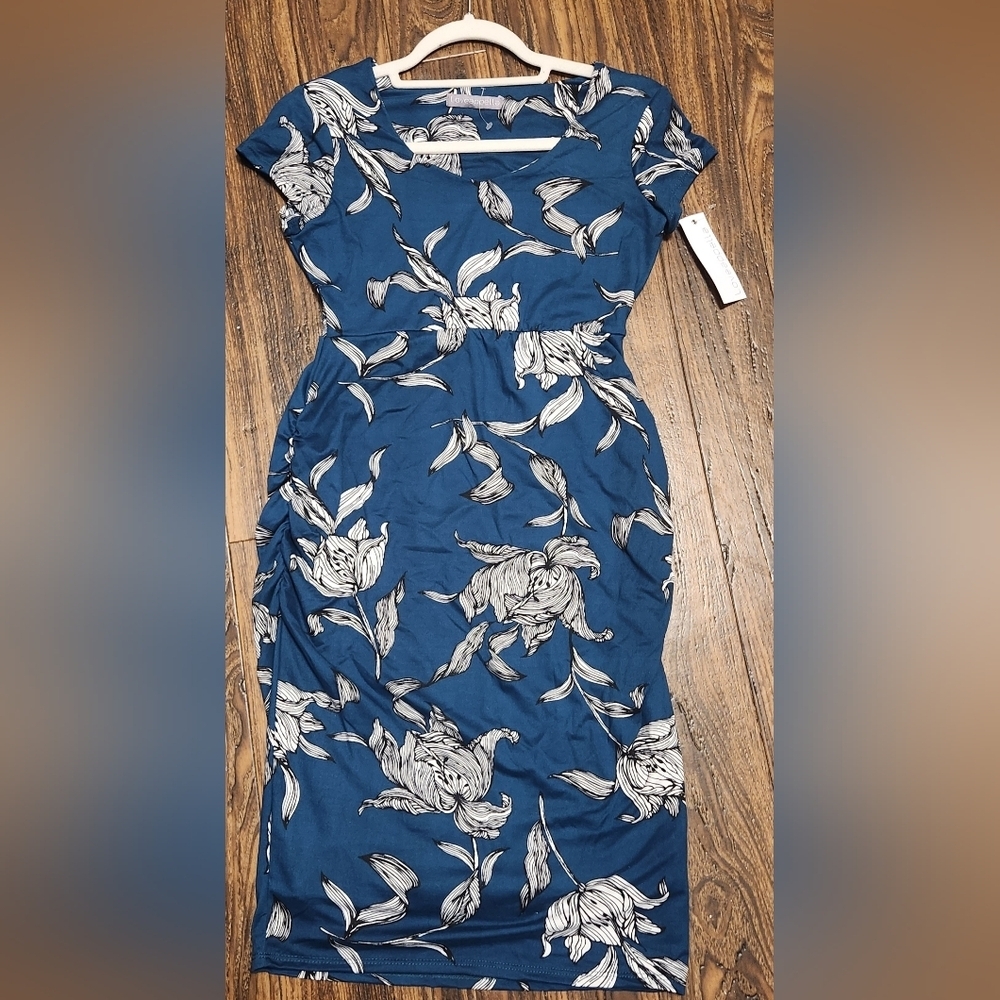 Loveappella Maternity Dress Teal Ruched Floral Sz S NWT SAVE 15%!